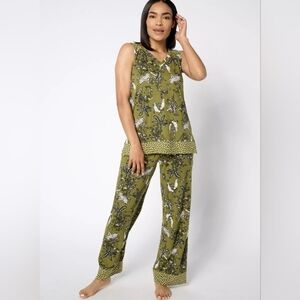 Cuddle Duds Flexwear Patio Set S/M Wide Leg Lounge Pants & Top Olive Toile